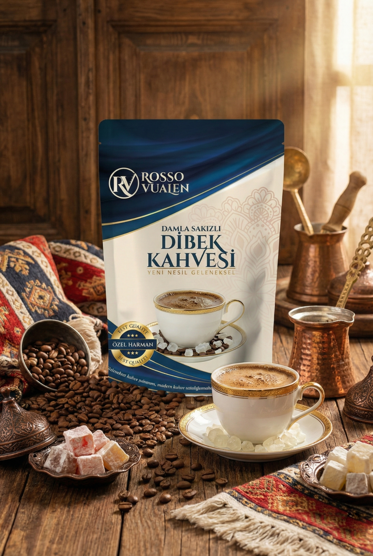 Rosso Vuajen damla sakızlı dibek kahvesi mavi ambalaj tasarımı