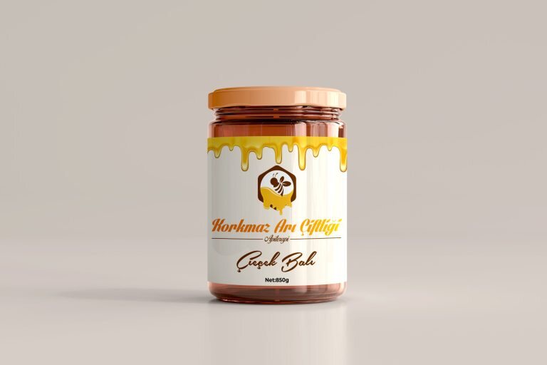 Korkmaz Arı Çiftliği Çiçek Balı 850 g kavanoz etiket ve ambalaj tasarımı