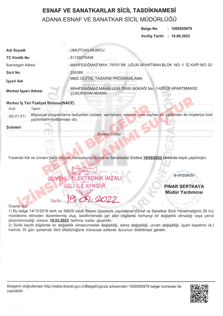 Bir Tık Logo esnaf ve sanatkarlar sicil tasdik belgesi