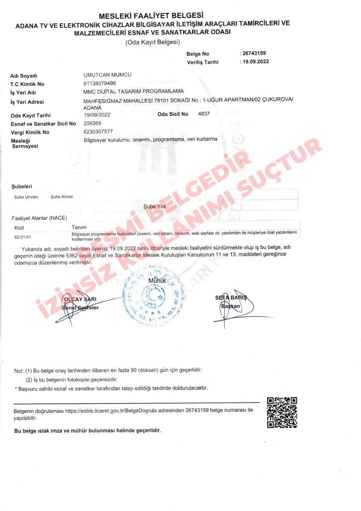Bir Tık Logo mesleki faaliyet belgesi