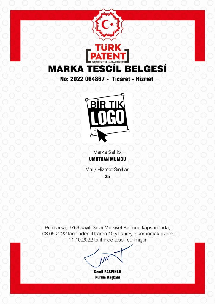 Bir Tık Logo patent belgesi