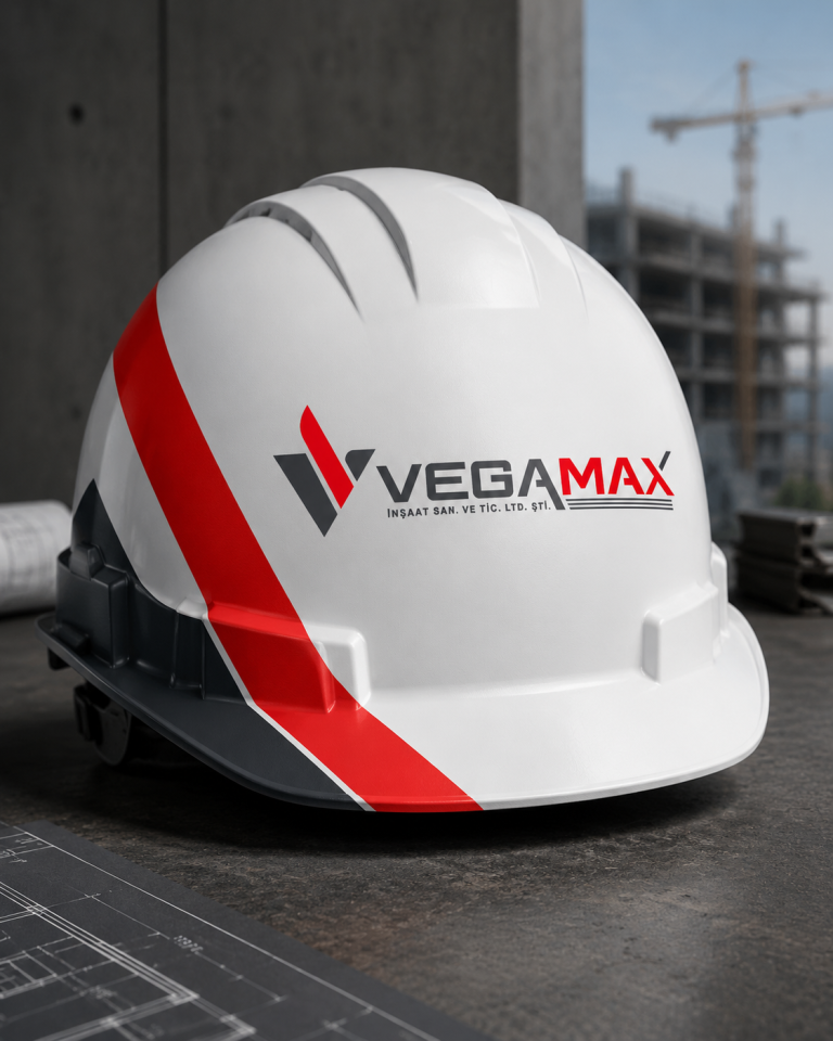VEGAMAX İnşaat logolu beyaz baret kurumsal kimlik uygulaması