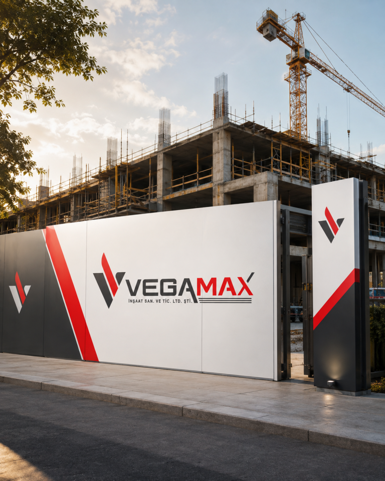 VEGAMAX İnşaat logosunun şantiye çevreleme panolarındaki kurumsal uygulaması