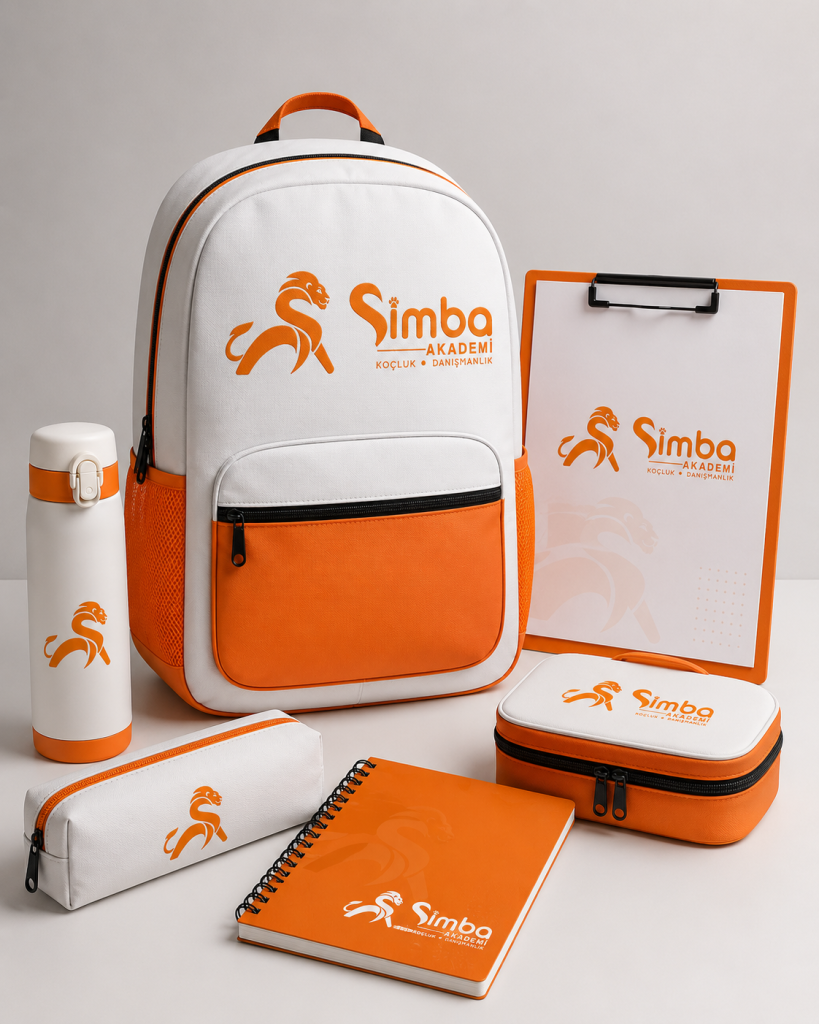 Simba Akademi logolu çanta termos defter kalem kutusu ve dosyadan oluşan kurumsal set
