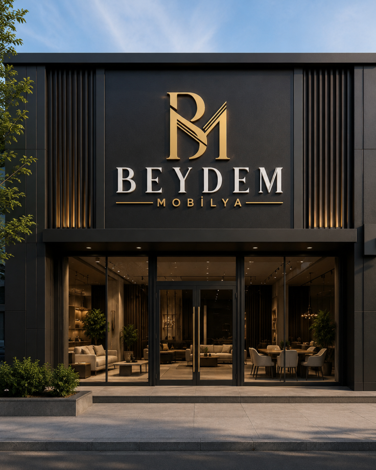 Beydem Mobilya logosunun mağaza cephesindeki siyah altın tabela uygulaması
