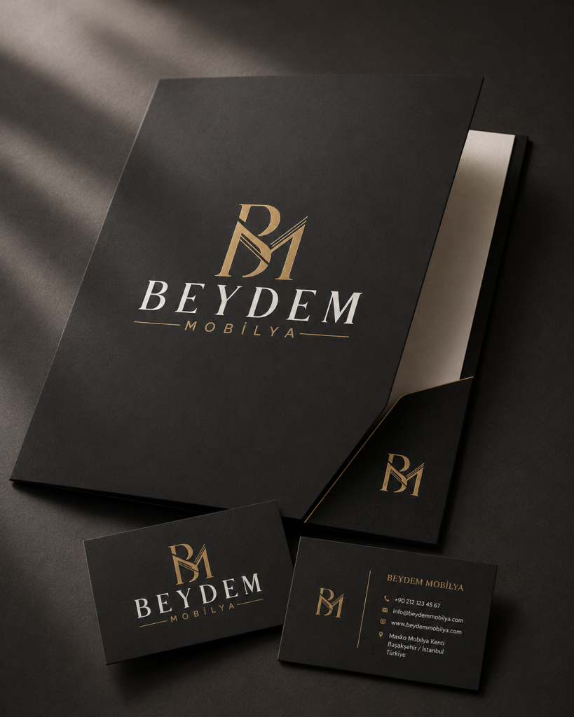 Beydem Mobilya için siyah altın dosya ve kartvizit kurumsal kimlik tasarımı