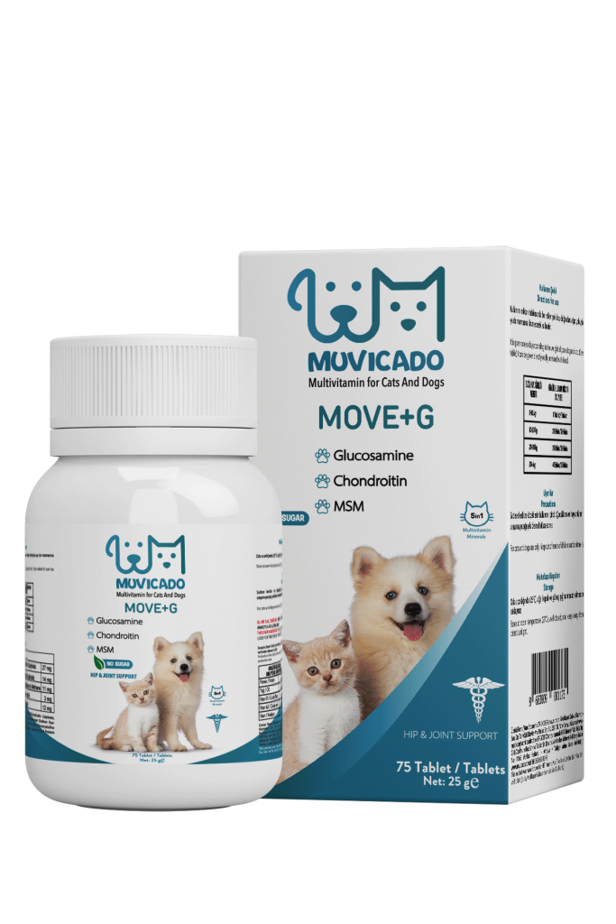 MUVICADO MOVE+G kedi ve köpek eklem desteği için şişe ve kutu ambalaj tasarımı