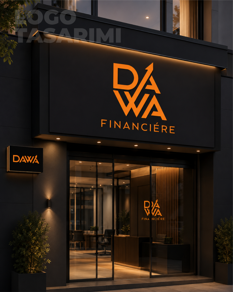 DAWA Financière logosunun siyah bina cephesindeki turuncu tabela uygulaması