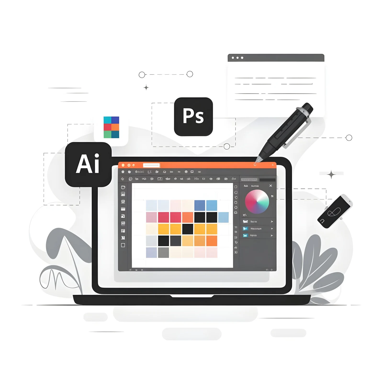 Bilgisayar ekranında profesyonel grafik tasarım araçları