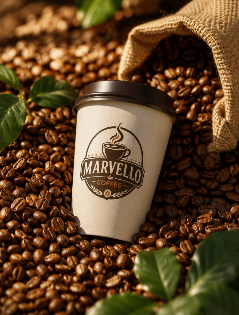 Marvello Coffee logolu karton kahve bardağının kahve çekirdekleri arasında sunumu