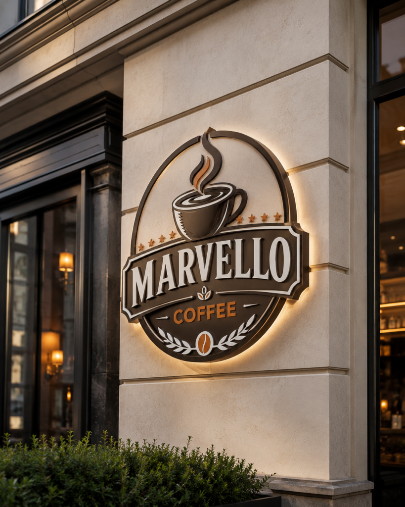 Marvello Coffee logosunun kafe cephesindeki ışıklı tabela uygulaması