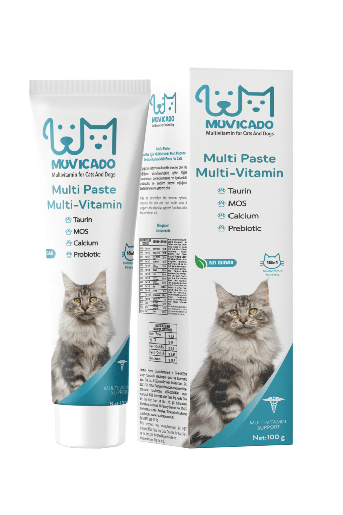 MUVICADO Multi Paste Multi-Vitamin kedi ve köpek takviyesi için tüp ve kutu ambalaj tasarımı