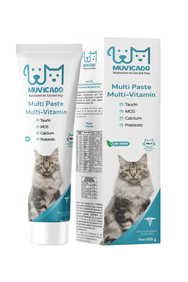MUVICADO Multi Paste Multi-Vitamin kedi ve köpek takviyesi için tüp ve kutu ambalaj tasarımı