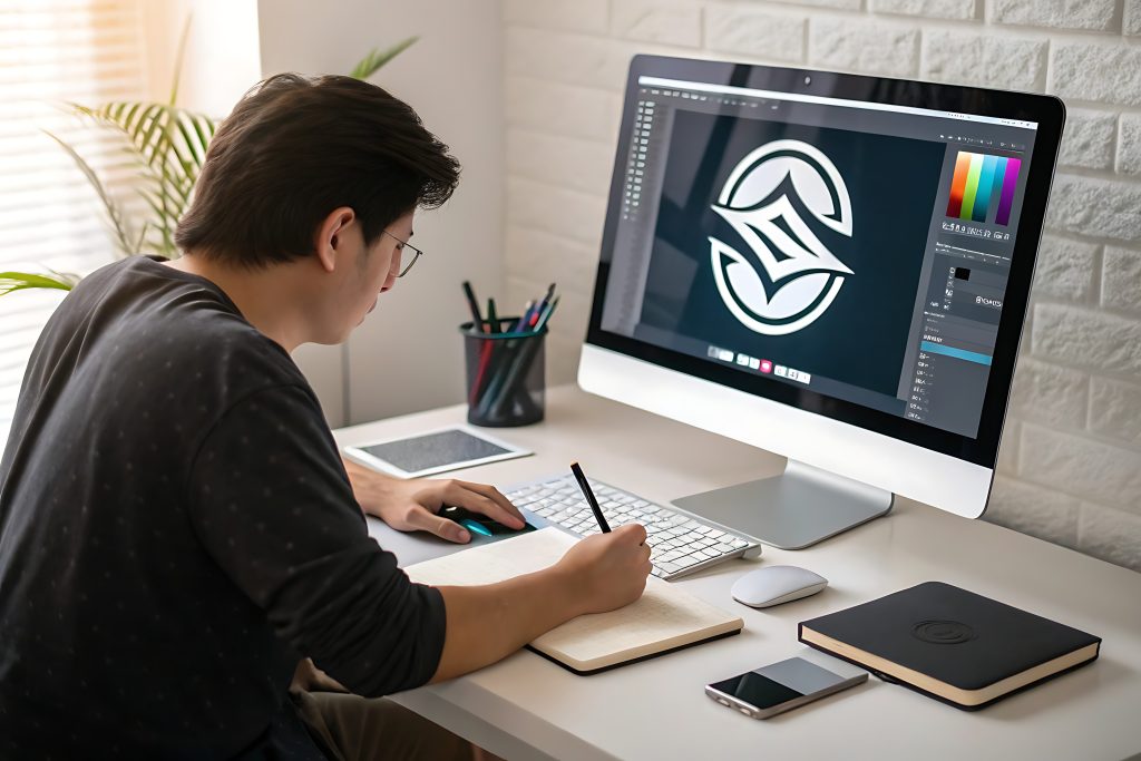 Bilgisayar ekranında logo tasarımı üzerinde çalışan grafik tasarımcı