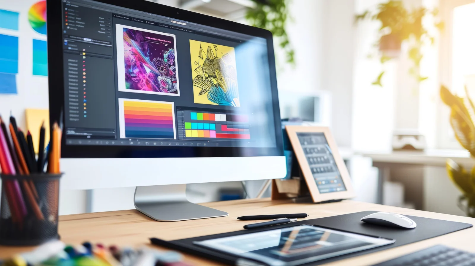 Çift ekranlı modern grafik tasarım çalışma alanı