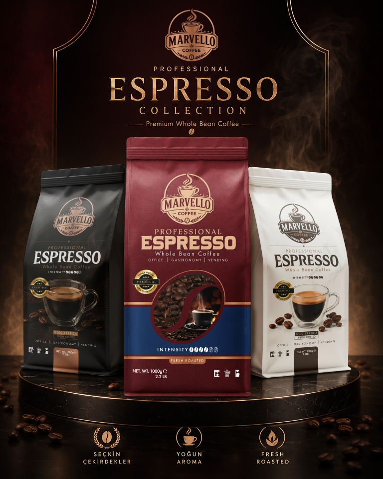 Marvello Professional Espresso siyah kırmızı ve beyaz kahve ambalaj koleksiyonu