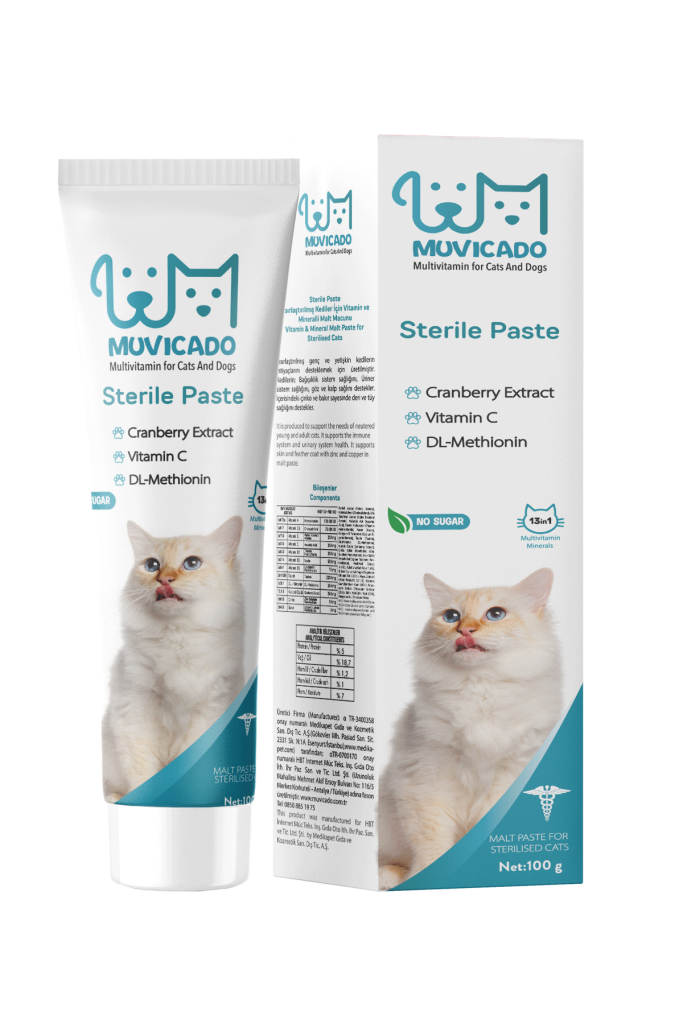 MUVICADO Sterile Paste steril kediler için tüp ve kutu ambalaj tasarımı
