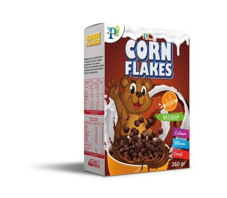 Pandora çikolatalı Corn Flakes 250 g için kahverengi kutu ambalaj tasarımı