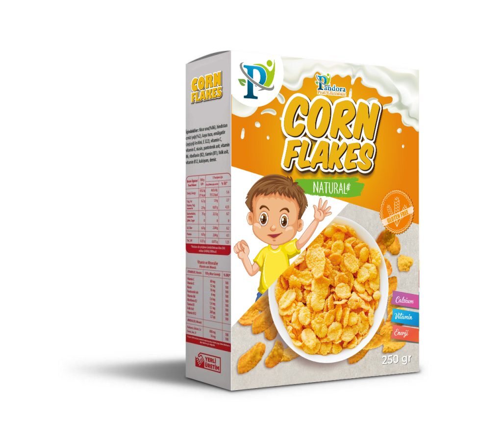 Pandora Corn Flakes Natural 250 g için turuncu mısır gevreği kutu tasarımı