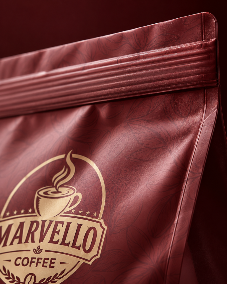 Marvello Coffee bordo espresso kahve paketi yakın plan ambalaj tasarımı
