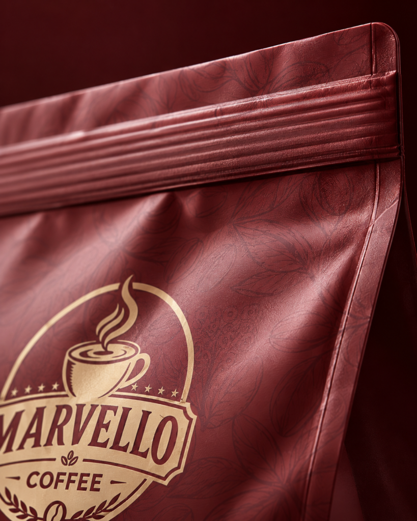 Marvello Coffee bordo espresso kahve paketi yakın plan ambalaj tasarımı