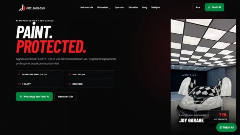 Joy Garage otomotiv web sitesi masaüstü önizlemesi