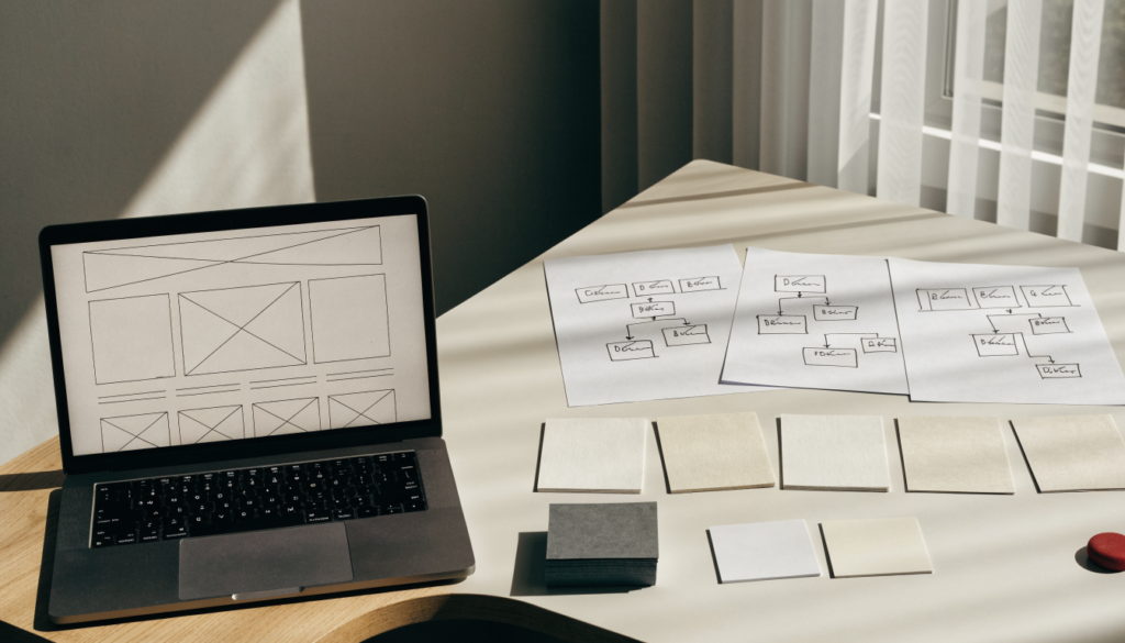 Kurumsal web sitesi planlama masasında laptop, site haritası ve tasarım notları